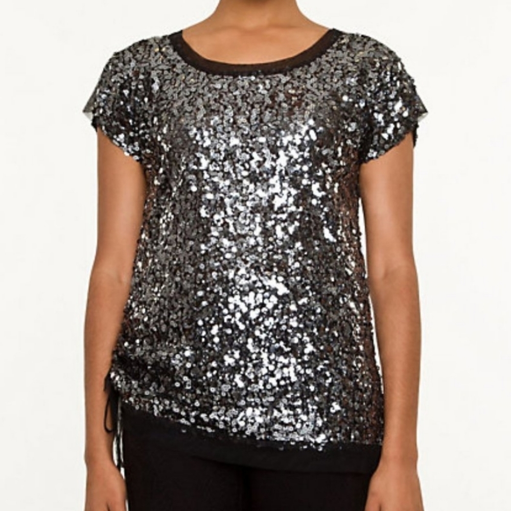 LE CHATEAU Black & Shiny Gray Sequin Mesh T-Shirt Top